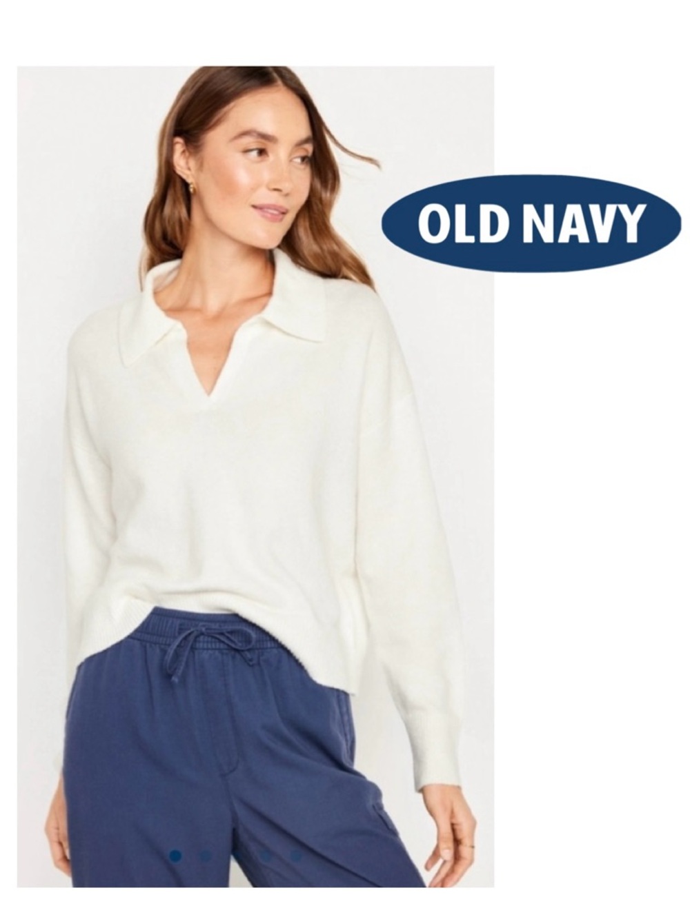OLD NAVY SoSoft Collared Sweater White V-Neck Long Sleeve Off-White Women L